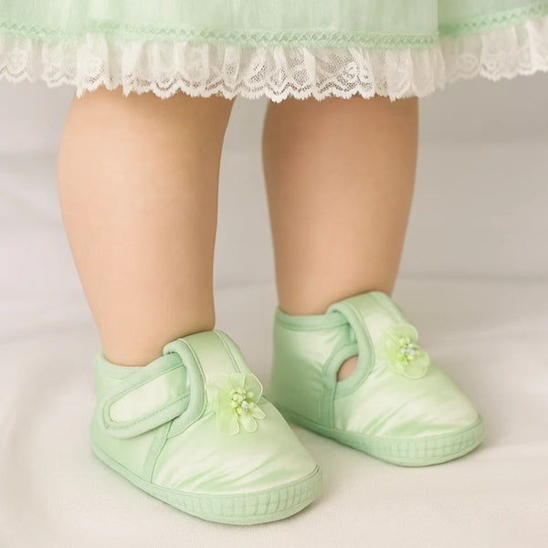 0 To 6 Months Baby Girls Satin Floral Newborn Booties (Green)-BTB5197