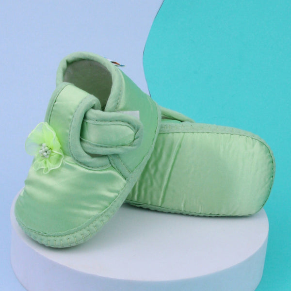 0 To 6 Months Baby Girls Satin Floral Newborn Booties (Green)-BTB5197