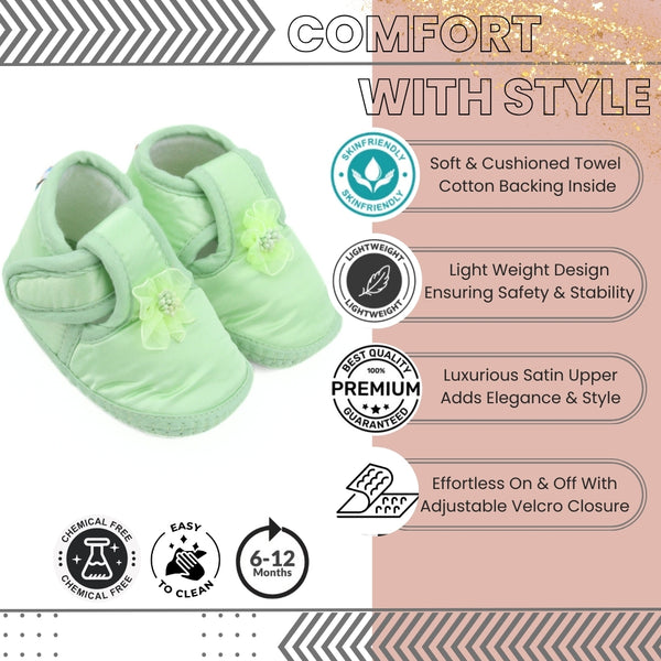 0 To 6 Months Baby Girls Satin Floral Newborn Booties (Green)-BTB5197