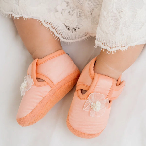 0 To 6 Months Baby Girls Satin Floral Newborn Booties (Orange)-BTB5198