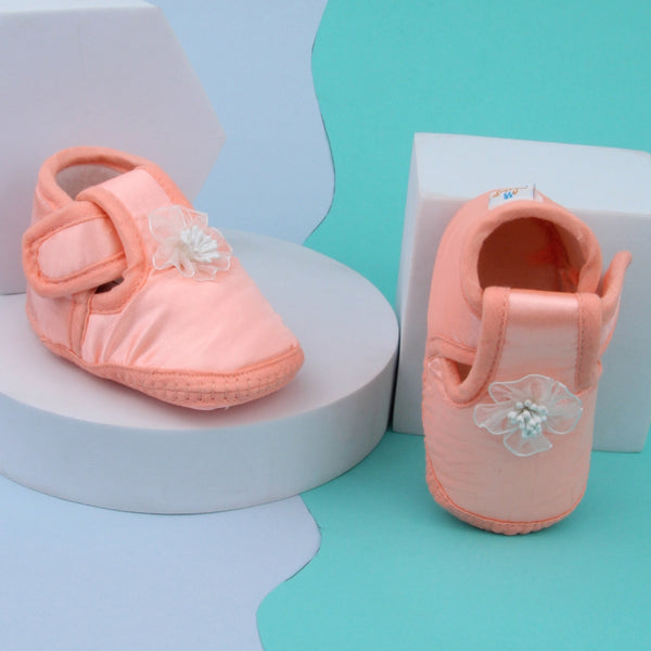 0 To 6 Months Baby Girls Satin Floral Newborn Booties (Orange)-BTB5198
