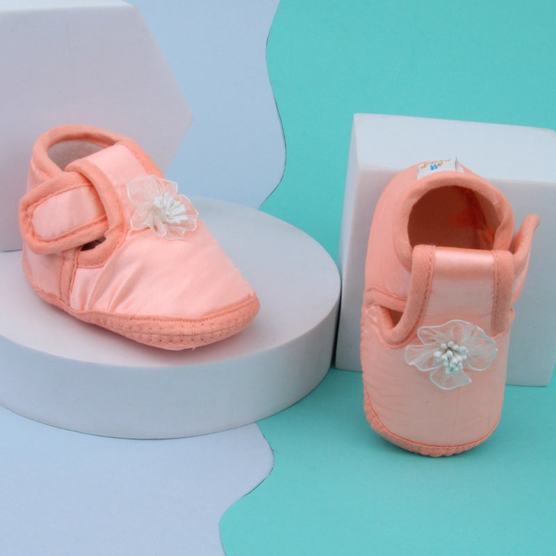 0 To 6 Months Baby Girls Satin Floral Newborn Booties (Orange)-BTB5198
