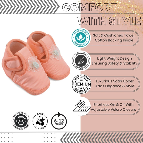 0 To 6 Months Baby Girls Satin Floral Newborn Booties (Orange)-BTB5198