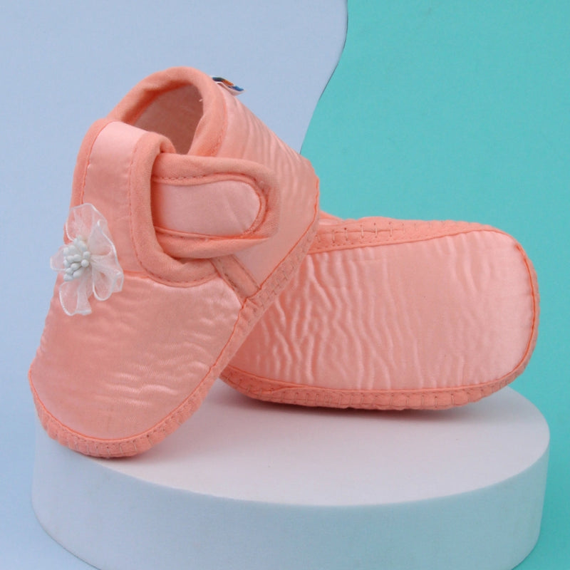0 To 6 Months Baby Girls Satin Floral Newborn Booties (Orange)-BTB5198