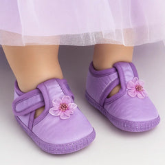 0 To 6 Months Baby Girls Satin Floral Newborn Booties (Purple)-BTB5199