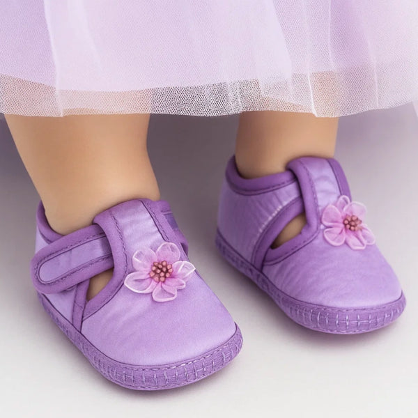 0 To 6 Months Baby Girls Satin Floral Newborn Booties (Purple)-BTB5199