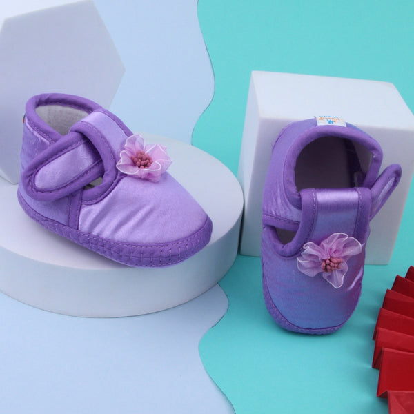 0 To 6 Months Baby Girls Satin Floral Newborn Booties (Purple)-BTB5199