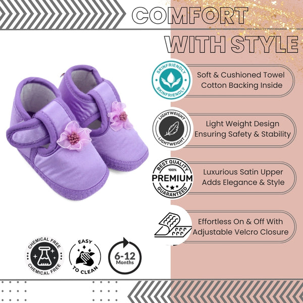 0 To 6 Months Baby Girls Satin Floral Newborn Booties (Purple)-BTB5199