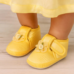 0 To 6 Months Baby Girls Satin Floral Newborn Booties (Yellow)-BTB5217