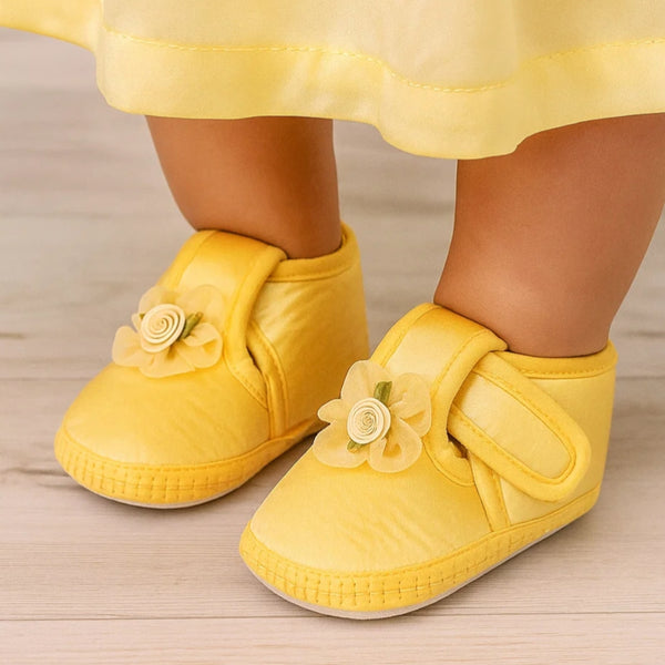 0 To 6 Months Baby Girls Satin Floral Newborn Booties (Yellow)-BTB5217