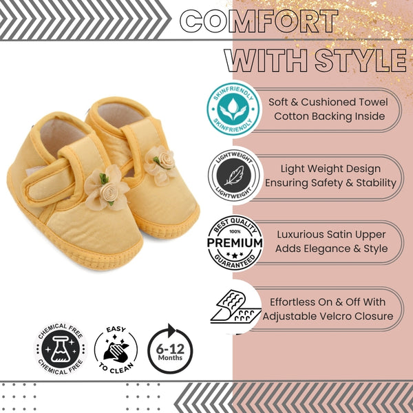 0 To 6 Months Baby Girls Satin Floral Newborn Booties (Yellow)-BTB5217