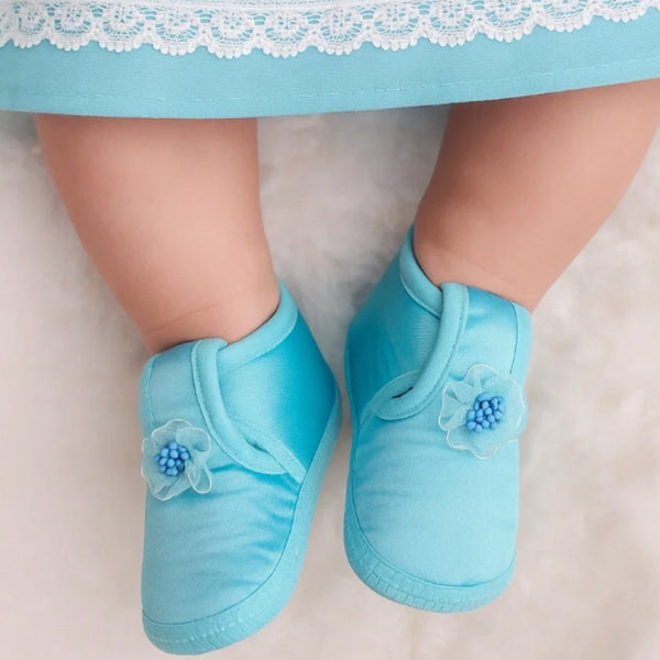 0 To 6 Months Baby Girls Satin Floral Newborn Booties (Sky Blue)-BTB5218