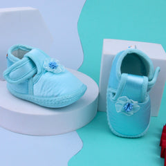 0 To 6 Months Baby Girls Satin Floral Newborn Booties (Sky Blue)-BTB5218