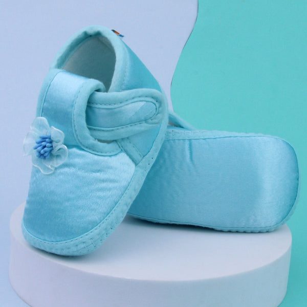 0 To 6 Months Baby Girls Satin Floral Newborn Booties (Sky Blue)-BTB5218