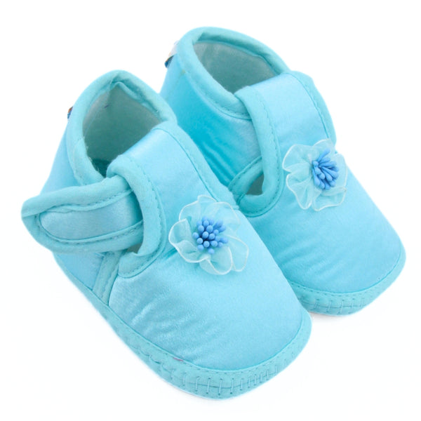 0 To 6 Months Baby Girls Satin Floral Newborn Booties (Sky Blue)-BTB5218