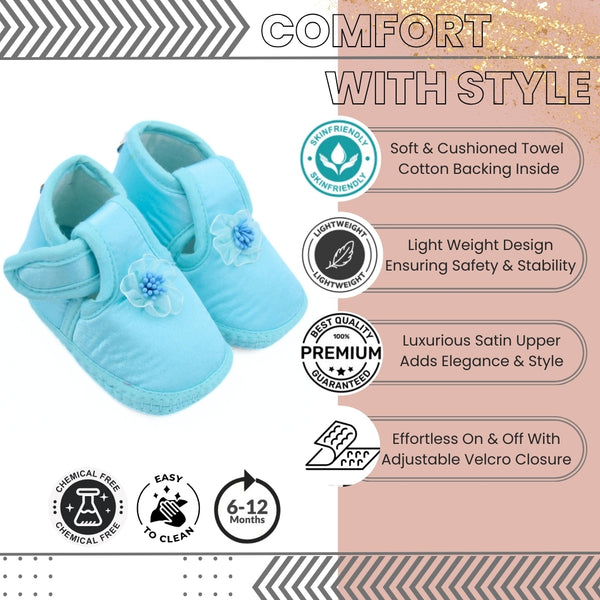 0 To 6 Months Baby Girls Satin Floral Newborn Booties (Sky Blue)-BTB5218