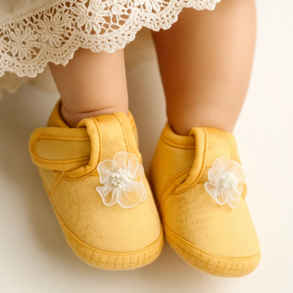 0 To 6 Months Baby Girls Satin Floral Newborn Booties (Yellow)-BTB5219