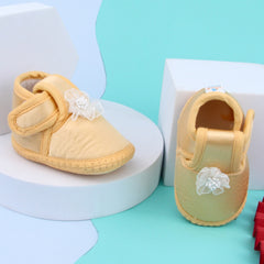 0 To 6 Months Baby Girls Satin Floral Newborn Booties (Yellow)-BTB5219