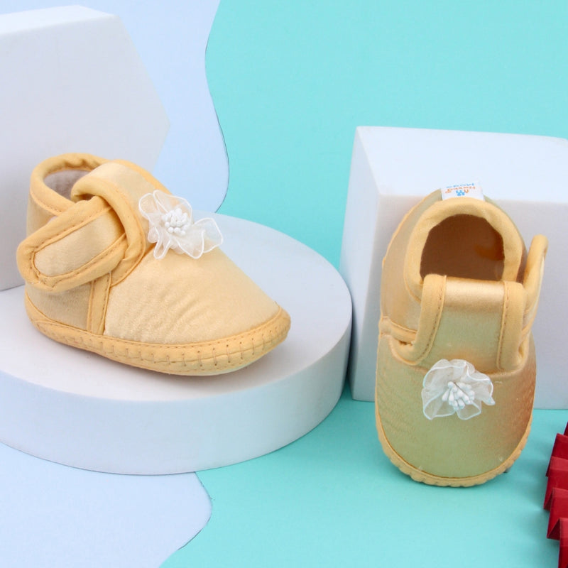 0 To 6 Months Baby Girls Satin Floral Newborn Booties (Yellow)-BTB5219