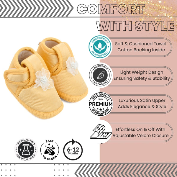 0 To 6 Months Baby Girls Satin Floral Newborn Booties (Yellow)-BTB5219
