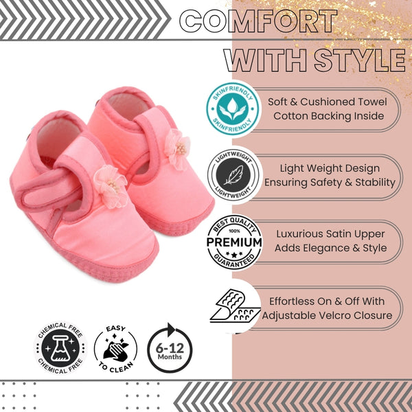 0 To 6 Months Baby Girls Satin Floral Newborn Booties (Light Pink)-BTB5220