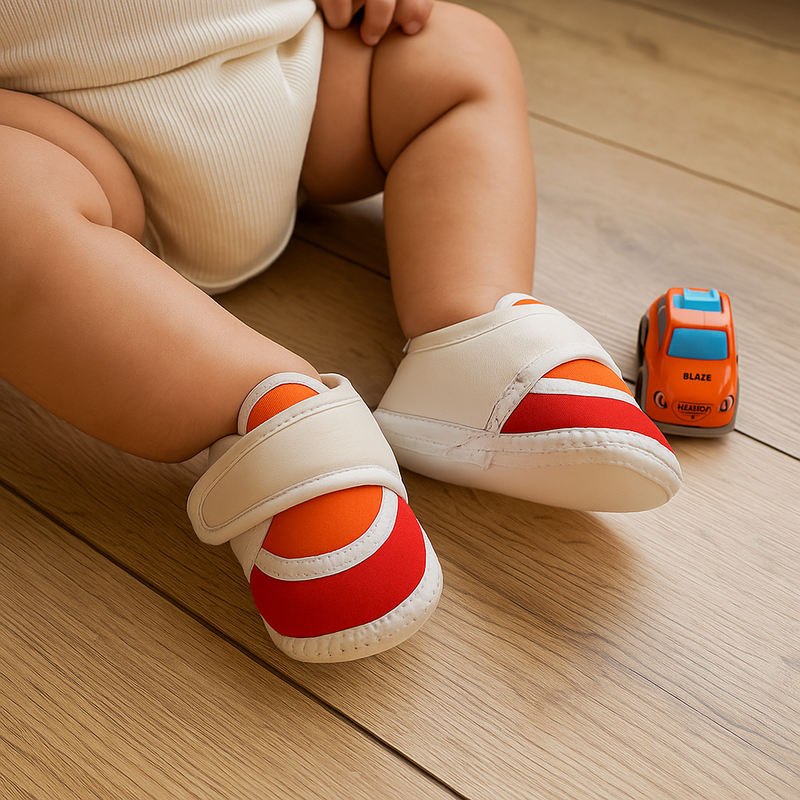 Baby Unisex Cotton White,Orange Velcro Booties-BTB5257