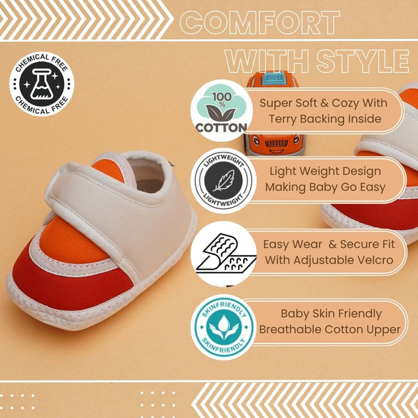 Baby Unisex Cotton White,Orange Velcro Booties-BTB5257