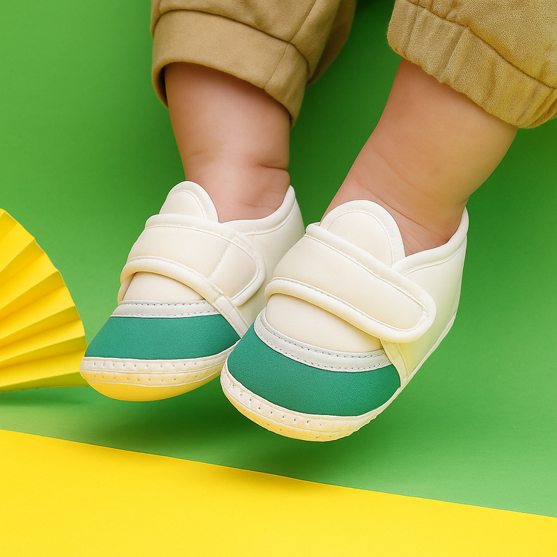 Baby Unisex Cotton White,Green Velcro Booties-BTB5258