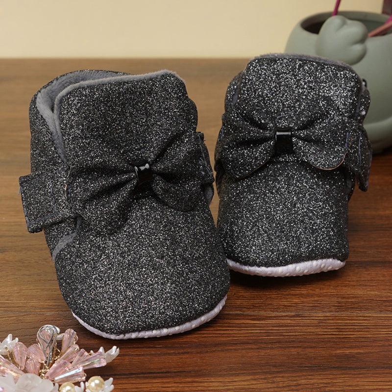 Baby Girls Cotton Velcro Partywear Black Bow Shoes-BT1766
