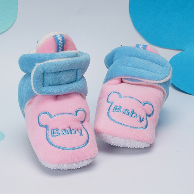 Baby Unisex Animal Printed Velvet Pink,Blue Velcro Shoes-BT3470