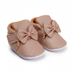 Baby Girls Cotton Velcro Partywear Brown Bow Shoes-BT1768