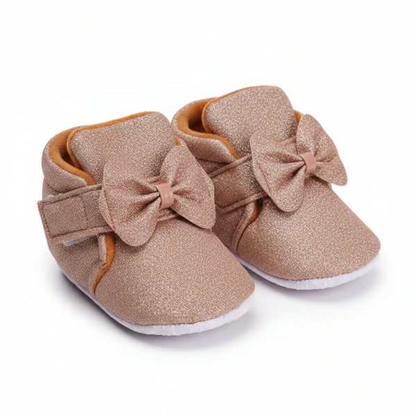 Baby Girls Cotton Velcro Partywear Brown Bow Shoes-BT1768