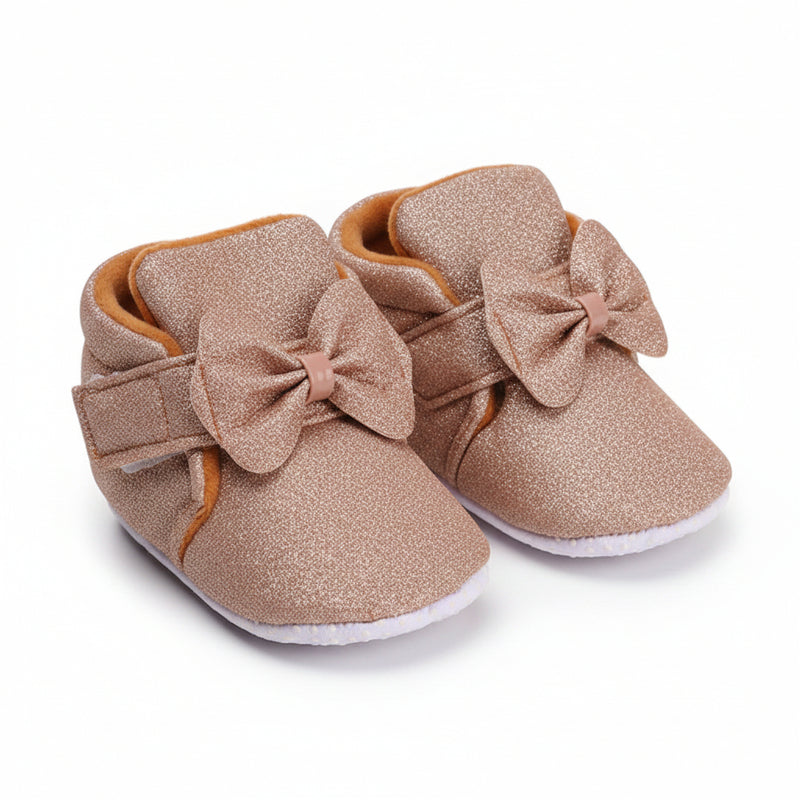 Baby Girls Cotton Velcro Partywear Brown Bow Shoes-BT1768