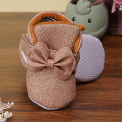 Baby Girls Cotton Velcro Partywear Brown Bow Shoes-BT1768