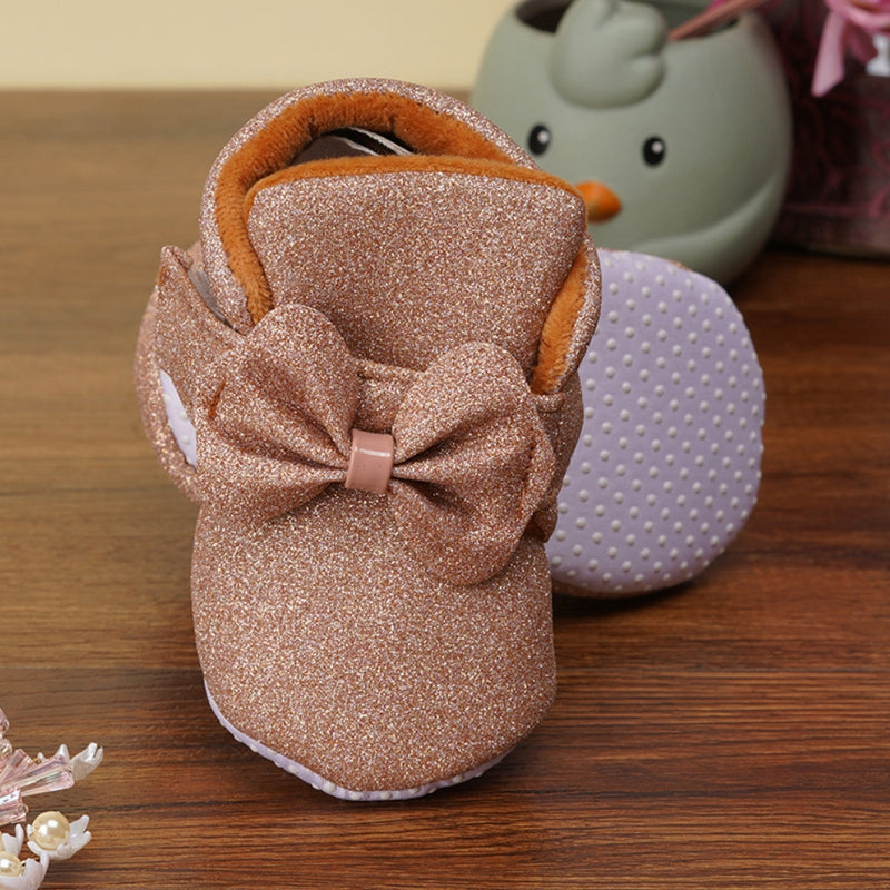Baby Girls Cotton Velcro Partywear Brown Bow Shoes-BT1768