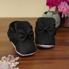 Baby Girls Cotton Partywear Bow Black Velcro Booties-BT2242