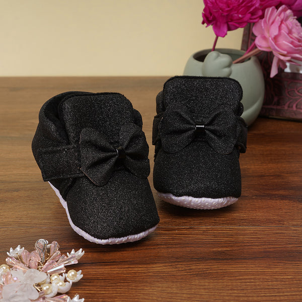 Baby Girls Cotton Partywear Bow Black Velcro Booties-BT2242