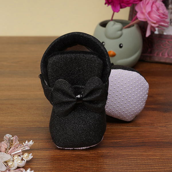 Baby Girls Cotton Partywear Bow Black Velcro Booties-BT2242