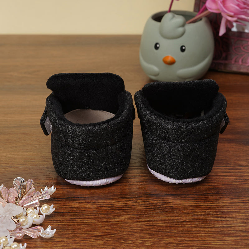 Baby Girls Cotton Partywear Bow Black Velcro Booties-BT2242