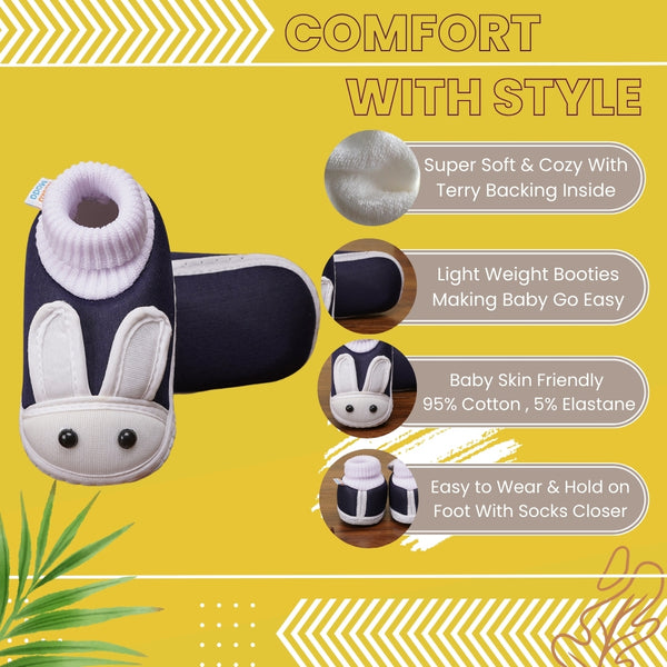6 To 12 Months Baby Boys & Girls Cute Soft Cotton Pre-Walker Rabbit Face Booties (Navy)-BT2155