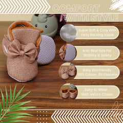 Baby Girls Cotton Velcro Partywear Brown Bow Shoes-BT1768