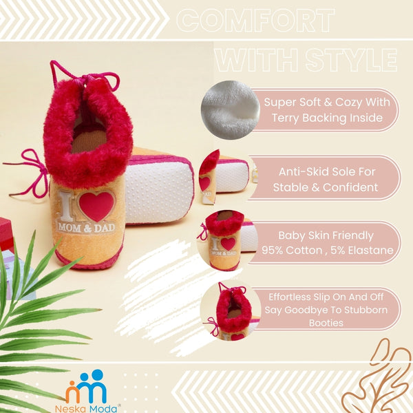 6 To 12 Months I Love Mom and Dad Print Velvet Booties