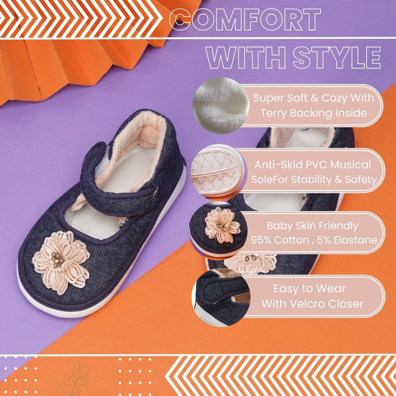 Baby Girls Cotton Velcro Chu Chu Musical Belly Shoes/ Booties (Navy Blue)-BT4315