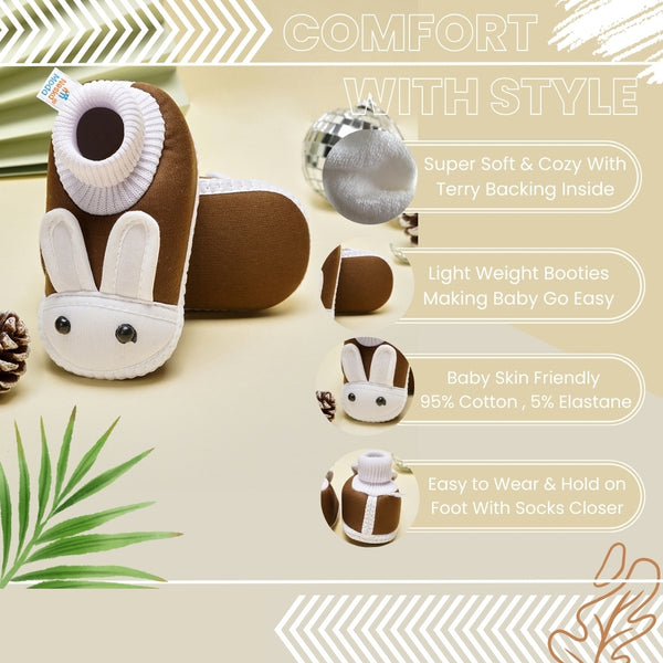 6 To 12 Months Baby Boys & Girls Soft Cotton Pre-Walker Rabbit Face Booties (Brown)-BT2154