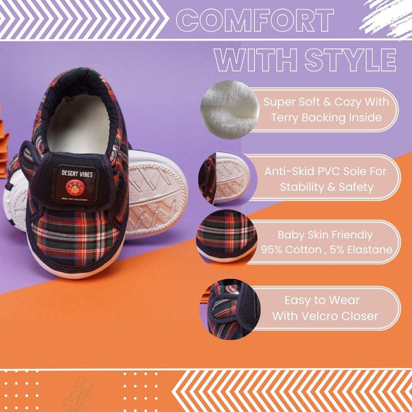 Baby Girls Cotton Checkered Velcro Chu Chu Musical Shoes/ Booties (Navy Blue)-BT4291