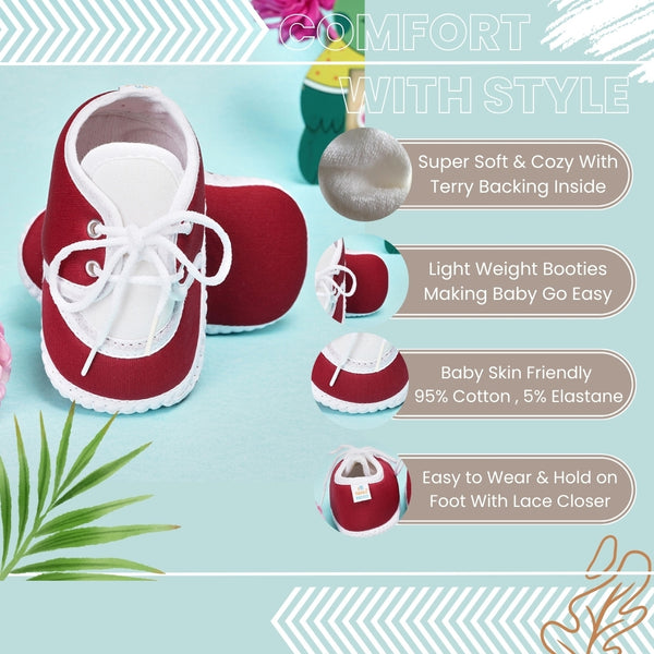6 To 12 Months Baby Boys & Baby Girls Cute Soft Cotton Pre-Walker Lace Booties (Maroon)-BT80