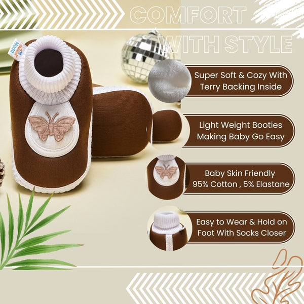 6 To 12 Months Baby Boys & Girls Soft Cotton Cute Butterfly Face Plain Booties (Brown)-BT2148
