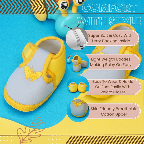 6 To 12 Months Baby Girls & Baby Boys Soft Cotton Cute Butterfly Booties (Grey,Yellow)-BT4443