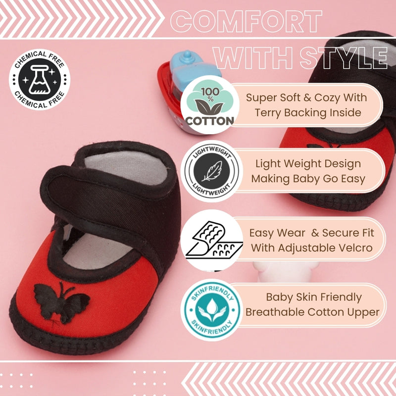 6 To 12 Months Baby Girls & Baby Boys Soft Cotton Cute Butterfly Booties (Red)-BT4718