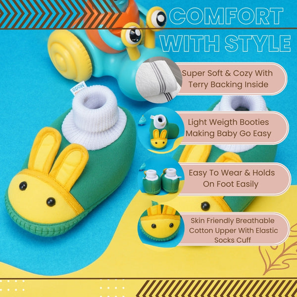 6 To 12 Months Baby Boys & Baby Girls Cute Soft Cotton Pre-Walker Rabbit Face Booties (Green,Yellow)-BT4425